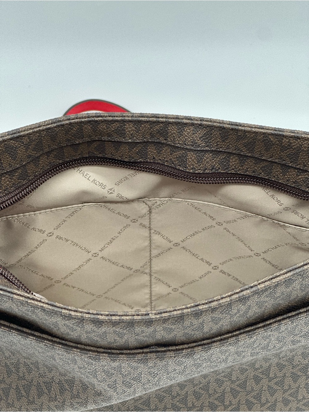 Michael Kors Brown Monogram Crossbody with Red Strap - Picture 10 of 12